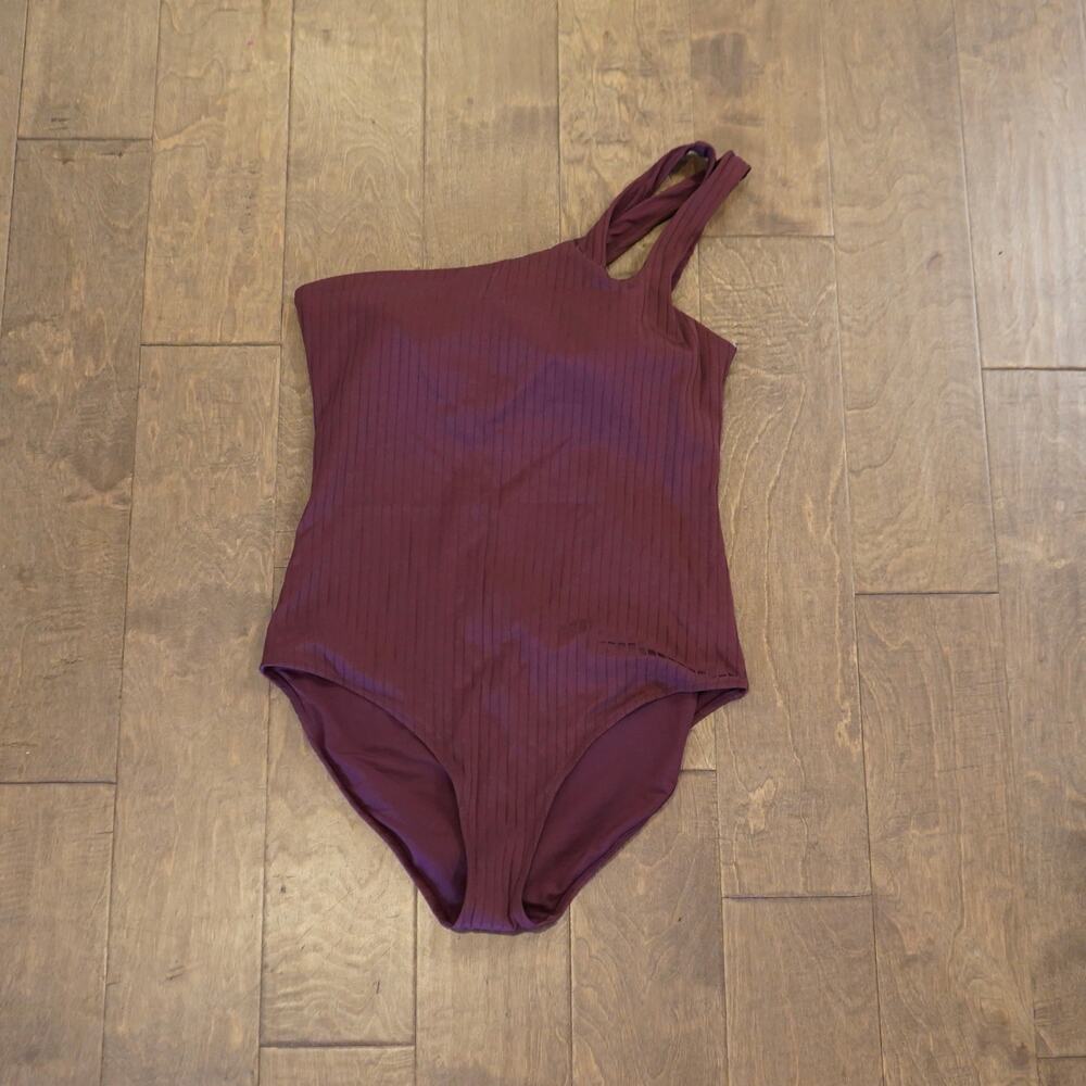 NWT Aerie Ribbed Shine One Shoulder One Piece Swimsuit in a deep burgundy XL - Picture 3 of 7